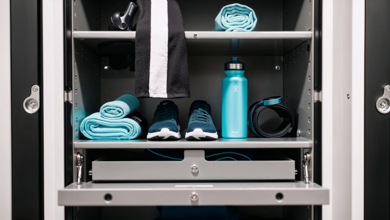 open-gym-locker-with-towels-gym-shoes-water-bottle